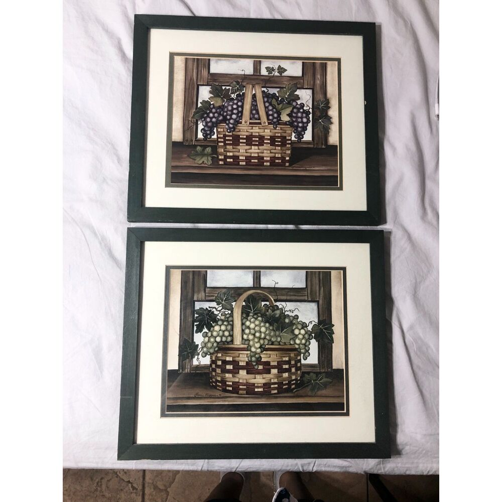 Vtg Laurie Korsgaden Framed Art Prints Pair Grape Basket Americana Rustic decor